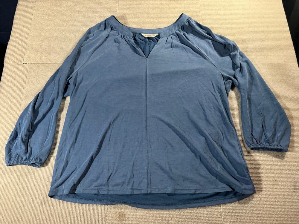 Lucky Brand Women's Large Notched V-Neck Sandwash Top Blue 3/4 Sleeves Modal